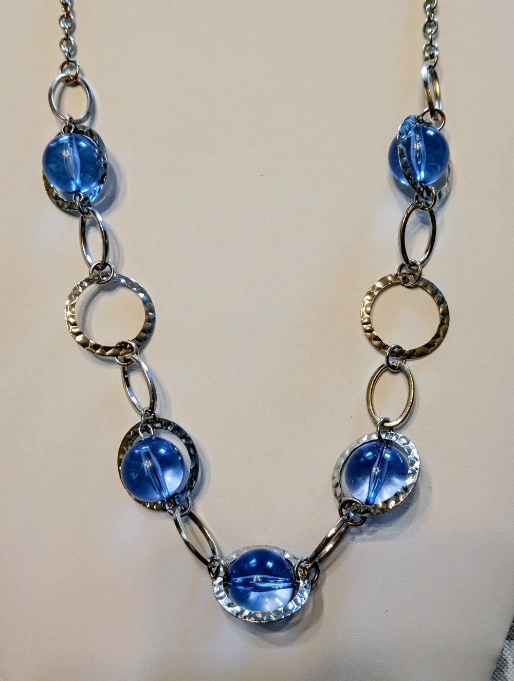 VTG 30" Statement Blue Lake Lucite Spheres Textured Rings Adj. Chain Necklace